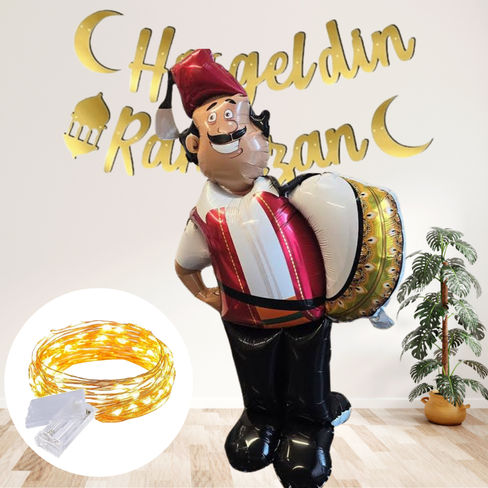 Ramazan Davulcusu Ayakta Durabilen Folyo Balon ve LED Işıklı Hoş Geldin Ramazan Kaligrafik Uzar Yazı