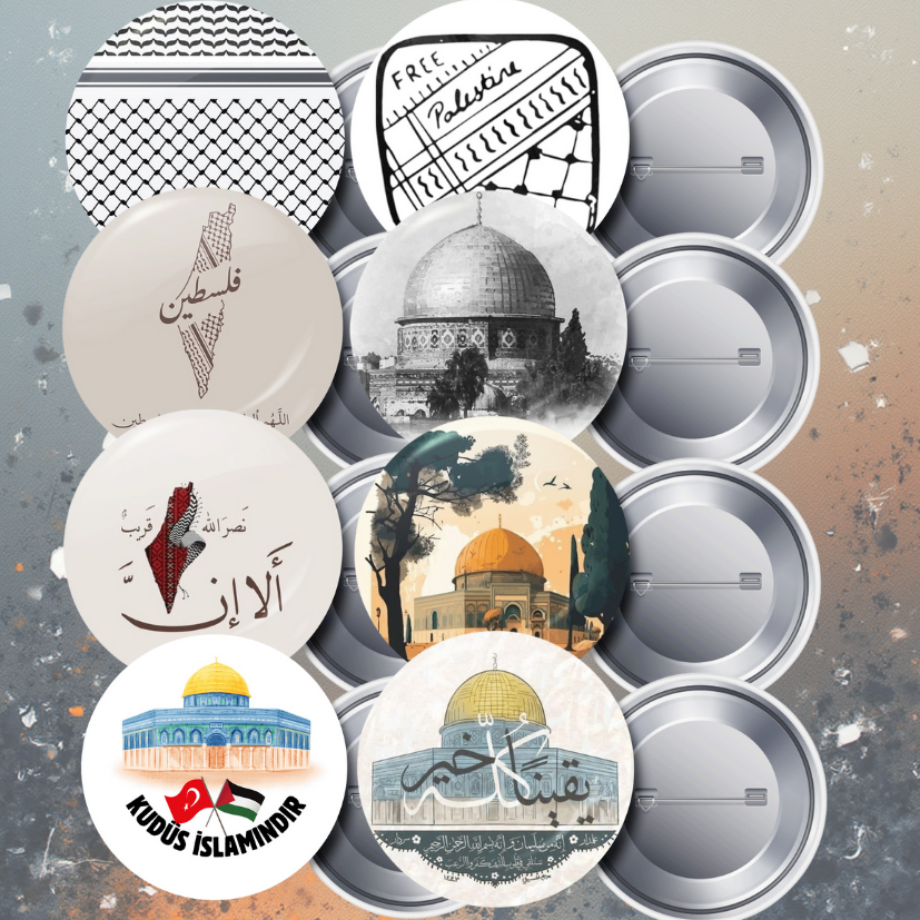 Filistin Kudüs Gazze Temalı 8 Farklı Çeşit İğneli Yaka Rozeti 58 mm Büyük Boy