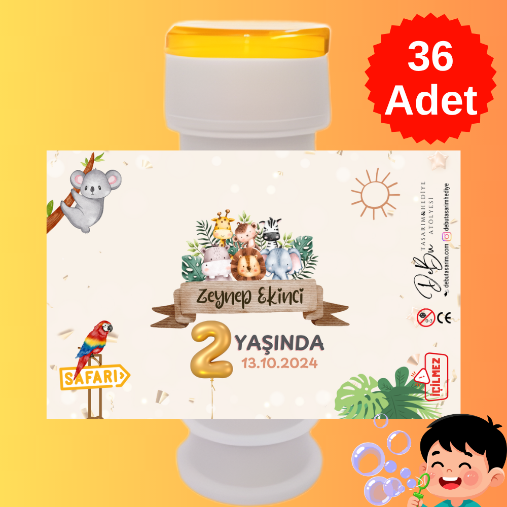 36 Adet Sevimli Hayvanlar Safari Temalı İsme Özel Köpük Baloncuk – Doğum Günü Hediyeliği ve Parti Süsü