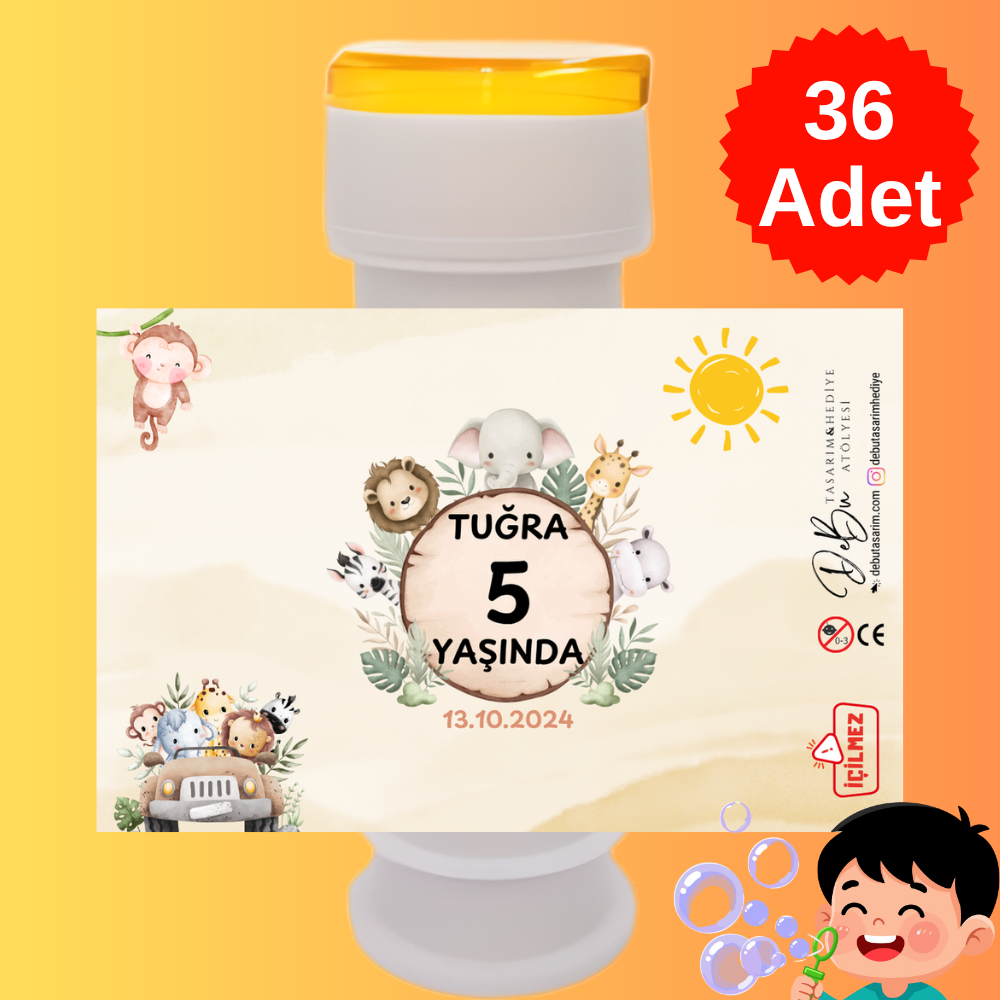 36 Adet Safari Araba Detaylı İsme Özel Köpük Baloncuk – Doğum Günü Hediyeliği ve Parti Süsü