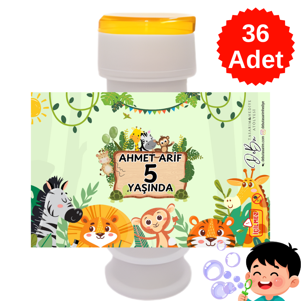 36 Adet Safari Orman Detaylı İsme Özel Köpük Baloncuk – Doğum Günü Hediyeliği ve Parti Süsü