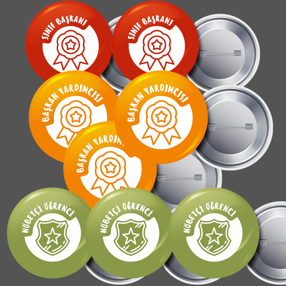 Sınıf Başkanı (2 Adet) Başkan Yardımcısı (3 Adet) Nöbetçi Öğrenci (3 Adet) Yaka Rozeti 58 mm