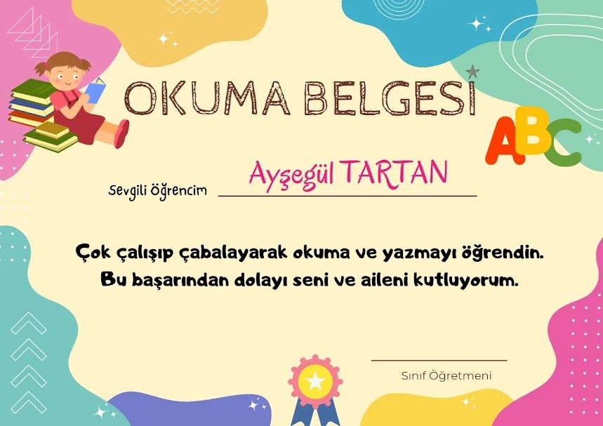 İsme Özel İsimli Okuma Belgesi (Model No: 01)