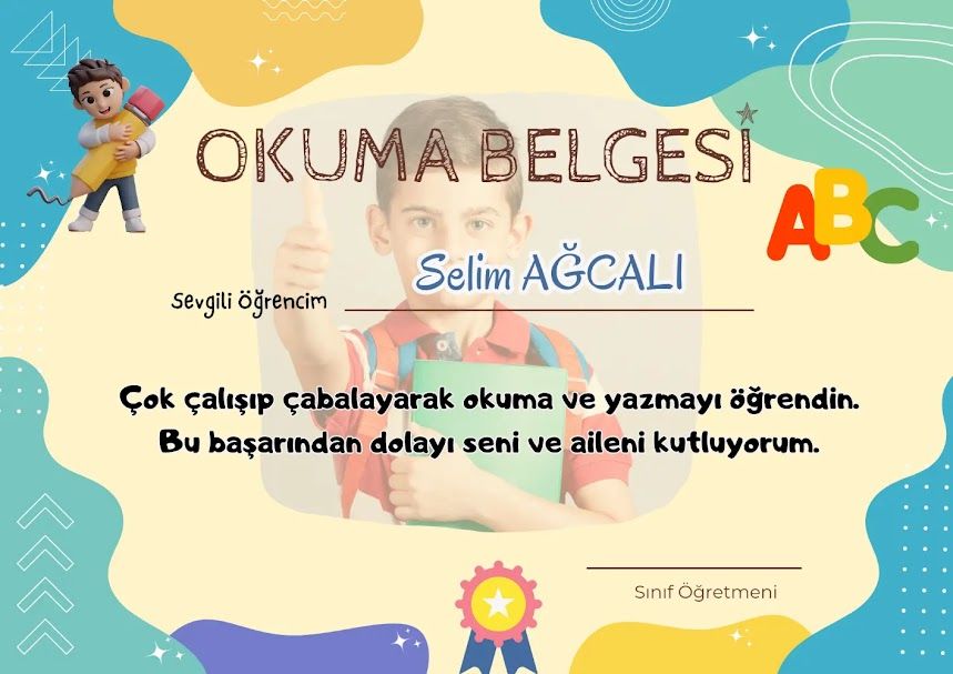 Kişiye Özel İsimli ve Fotoğraflı Okuma Belgesi
