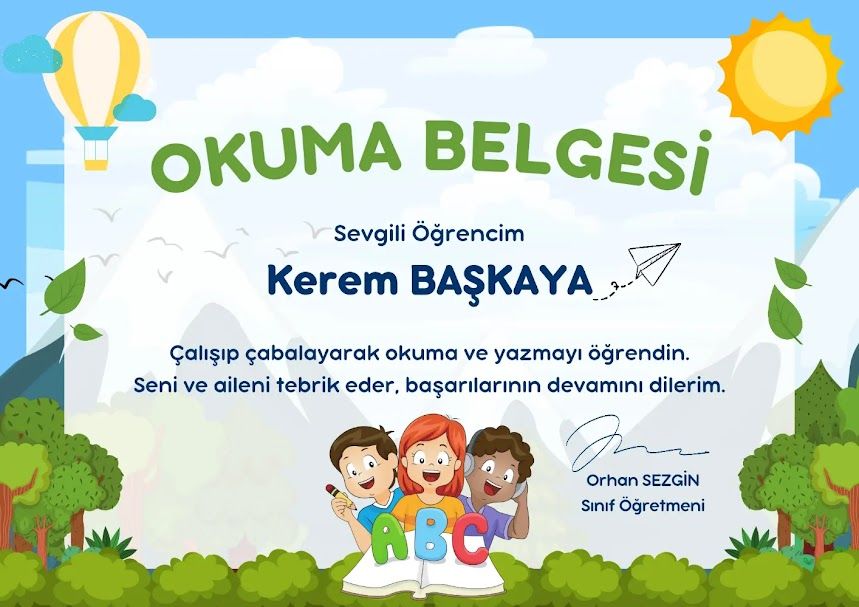 Kişiye Özel İsimli Okuma Belgesi Güneş ve Uçan Balon Detaylı (Model No: 02)