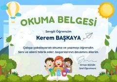 Kişiye Özel İsimli Okuma Belgesi Güneş ve Uçan Balon Detaylı (Model No: 02)
