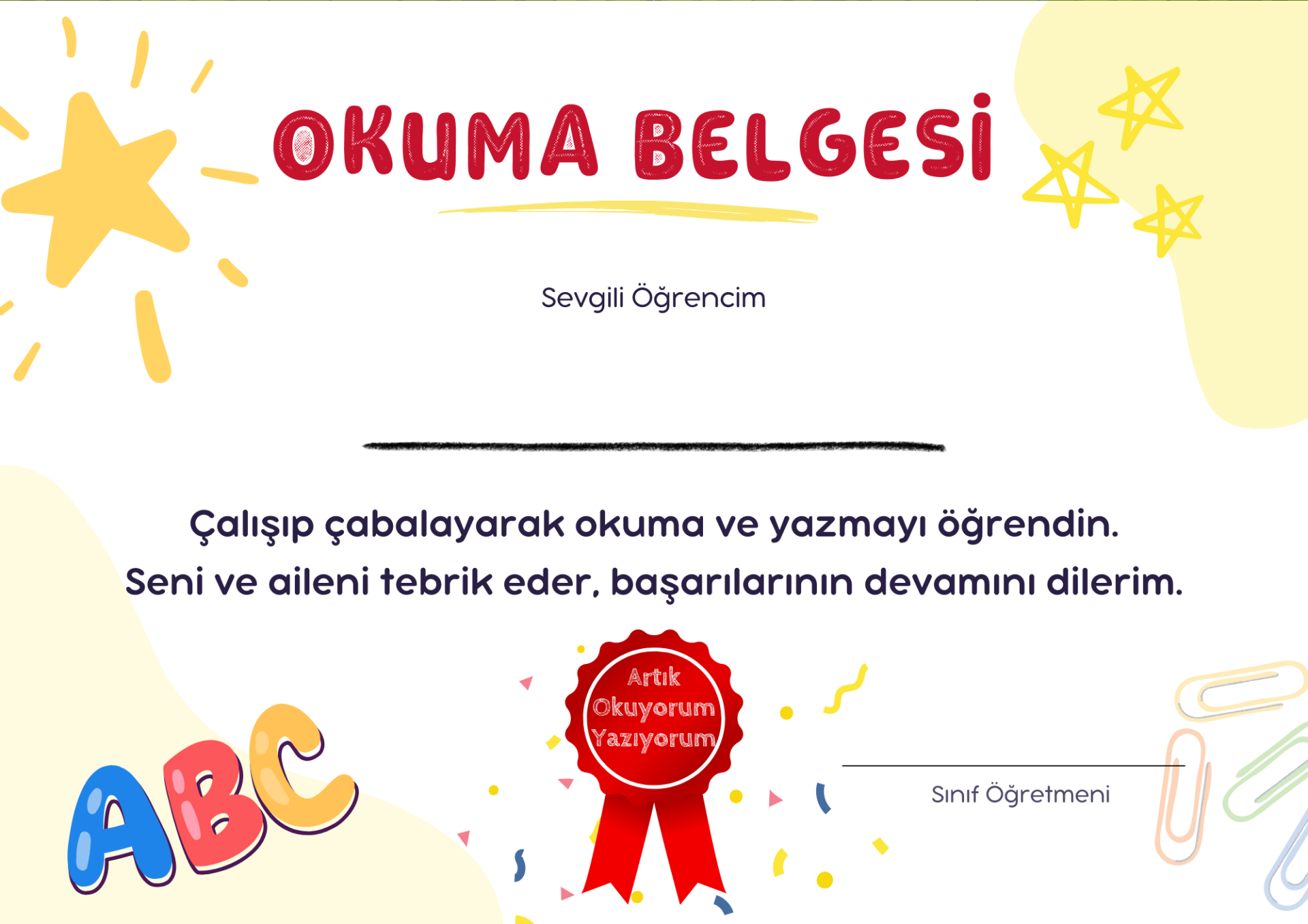 İsim Alanları Boş Hazır Okuma Belgesi (Model No: 03)