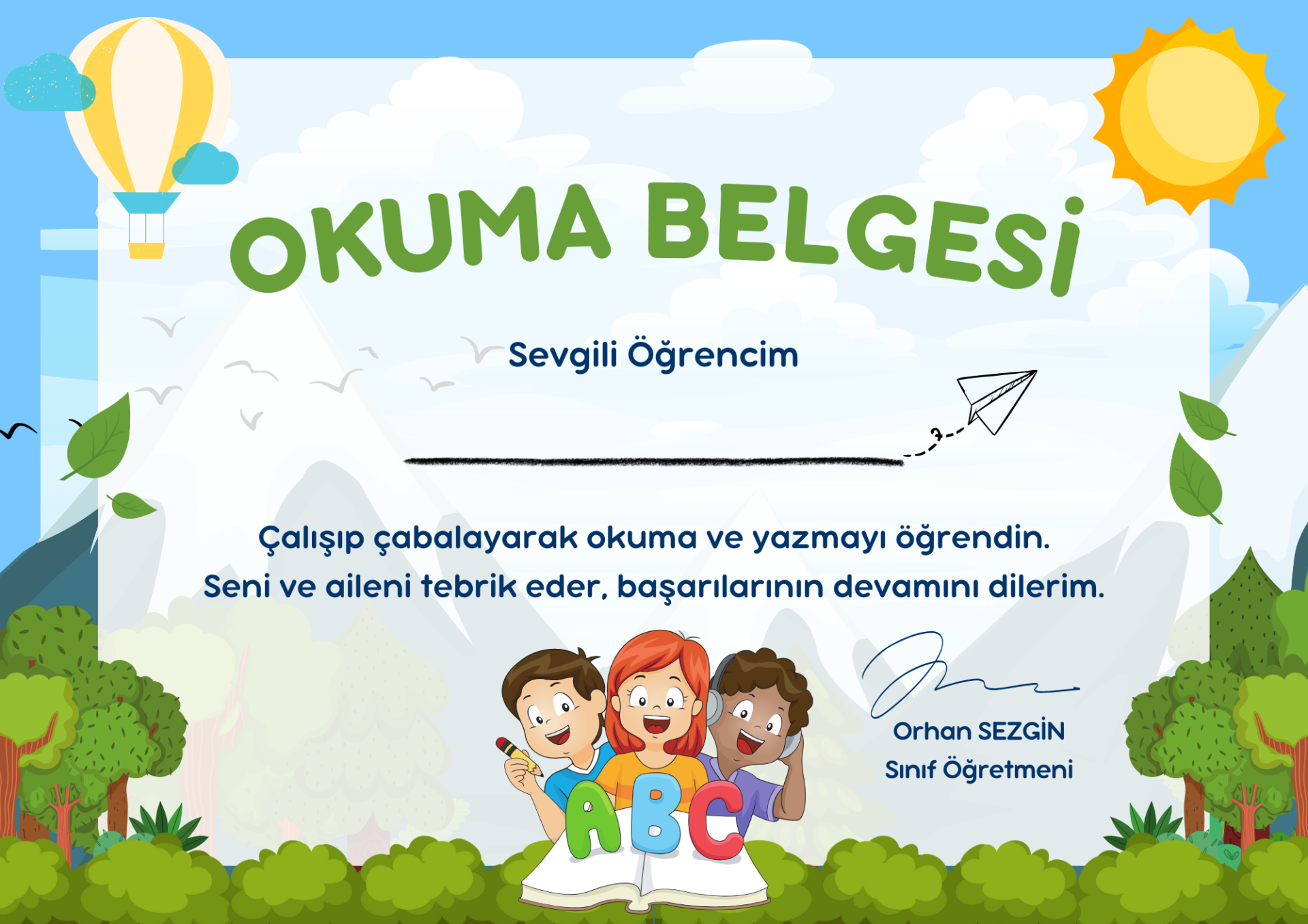 İsim Alanları Boş Hazır Okuma Belgesi Güneş ve Uçan Balon Detaylı (Model No: 02)