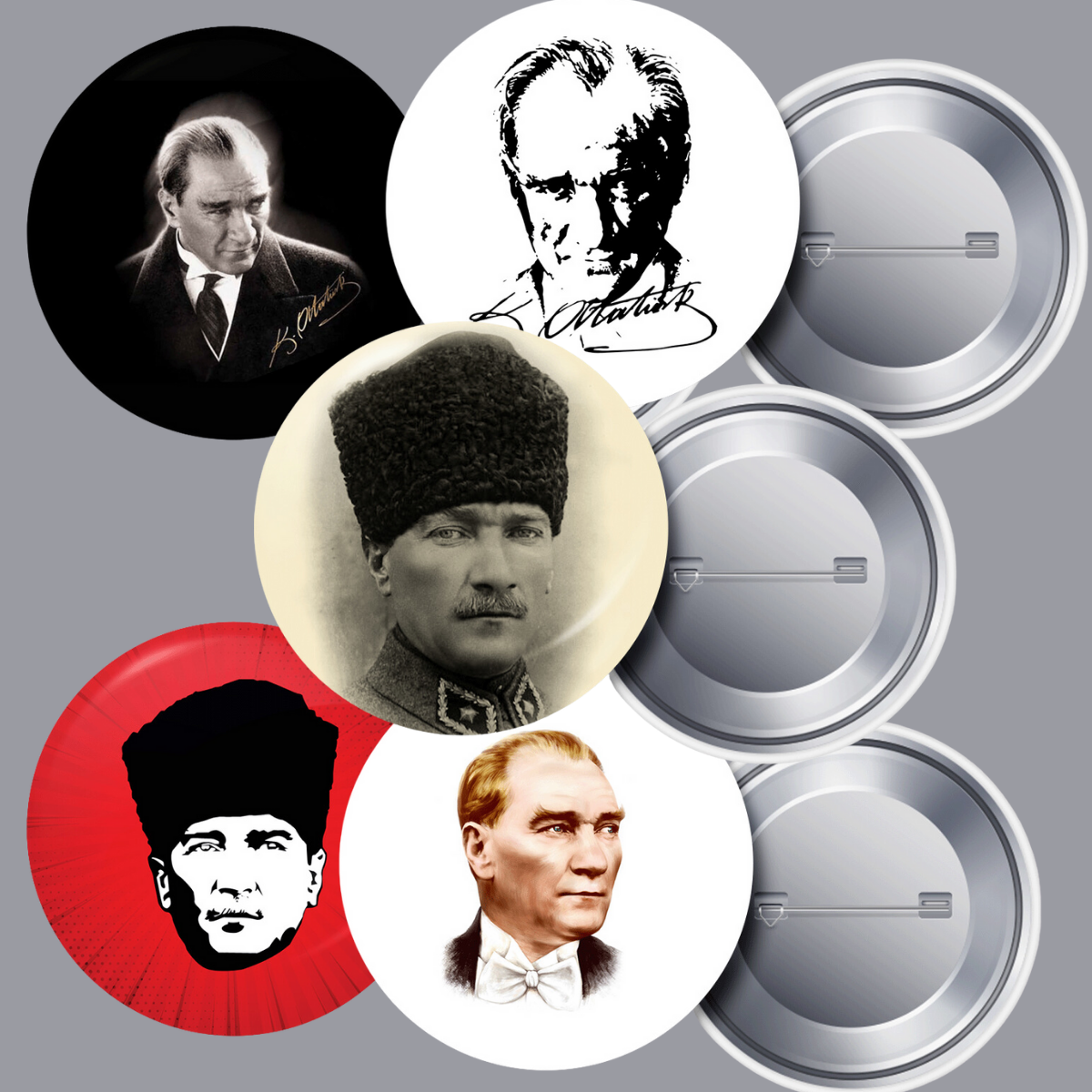 5 Farklı Çeşit 5 Adet Atatürk Yaka Rozeti 58 mm Büyük Boy