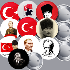 10 Farklı Çeşit 10 Adet Atatürk ve Türk Bayrağı Karışık İğneli Yaka Rozeti 58 mm Büyük Boy