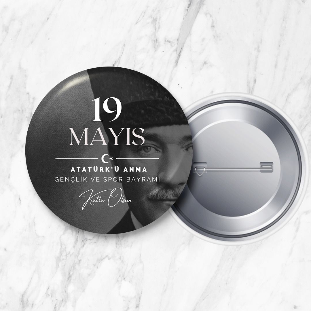 19 Mayıs Atatürk'ü Anma Gençlik ve Spor Bayramı İğneli Yaka Rozeti 58 mm Büyük Boy (Model No: 01)