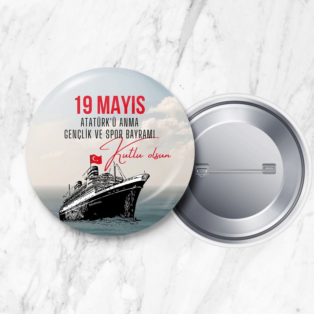 19 Mayıs Atatürk'ü Anma Gençlik ve Spor Bayramı İğneli Yaka Rozeti 58 mm Büyük Boy (Model No: 02)
