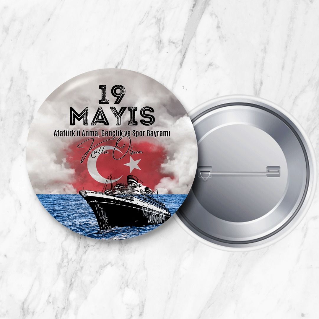 19 Mayıs Atatürk'ü Anma Gençlik ve Spor Bayramı İğneli Yaka Rozeti 58 mm Büyük Boy (Model No: 03)