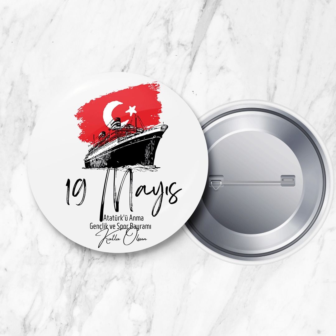 19 Mayıs Atatürk'ü Anma Gençlik ve Spor Bayramı İğneli Yaka Rozeti 58 mm Büyük Boy (Model No: 04)
