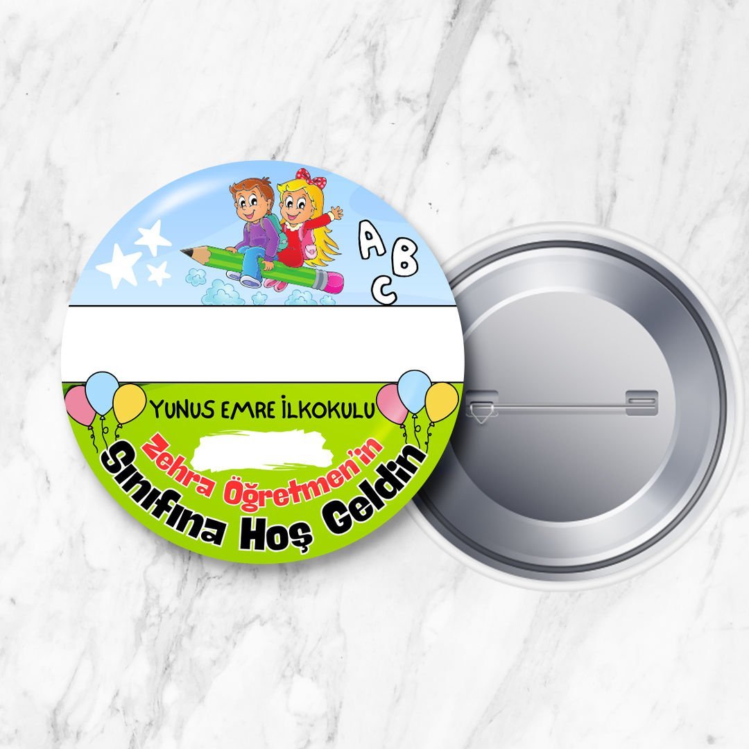 İsim ve Sınıf/Şube Alanı Boş Öğretmene Özel Sınıfına Hoş Geldin 58 mm Metal Yaka Rozeti