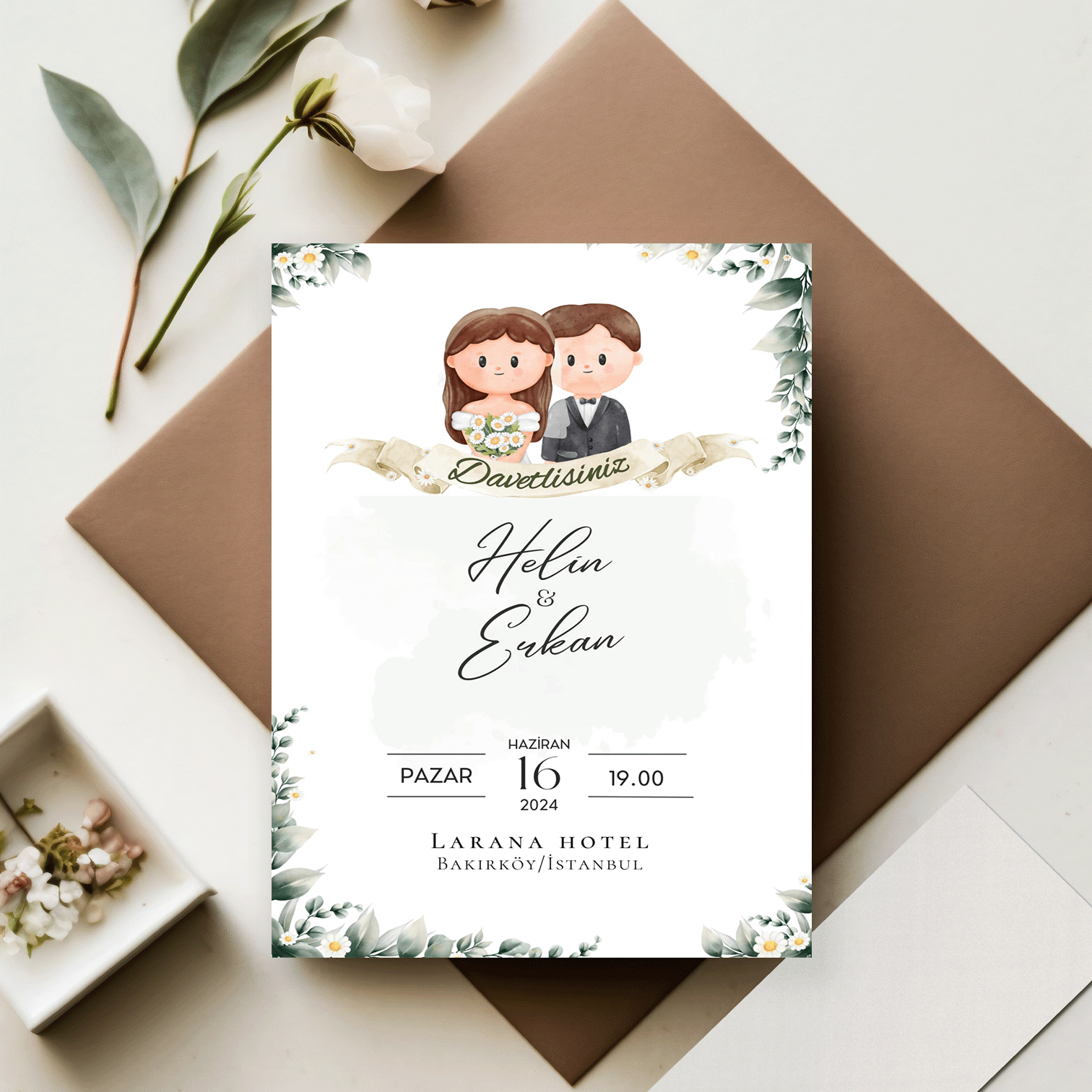 50 Adet Gelin Damat Figürü Detaylı Özelleştirilebilir Düğün Davetiyesi (Model No: 08)