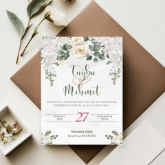 50 Adet Beyaz Gül Detaylı Özelleştirilebilir Düğün Davetiyesi (Model No: 13)