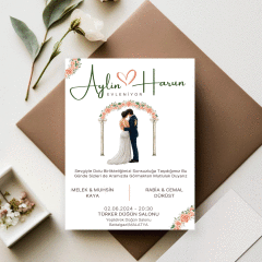 50 Adet Köşeleri Çiçekli Gelin Damat Detaylı Özelleştirilebilir Düğün Davetiyesi (Model No: 19)