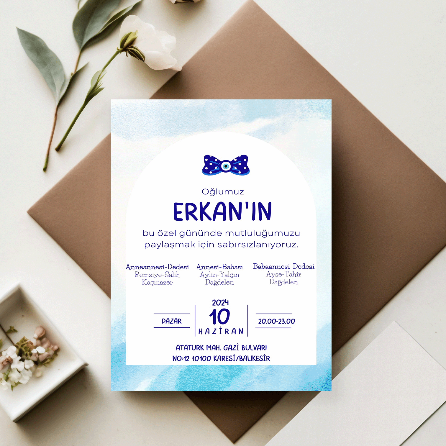 50 Adet Puantiyeli Nazar Boncuklu Papyon Detaylı Sünnet Davetiyesi (Model No: 04)