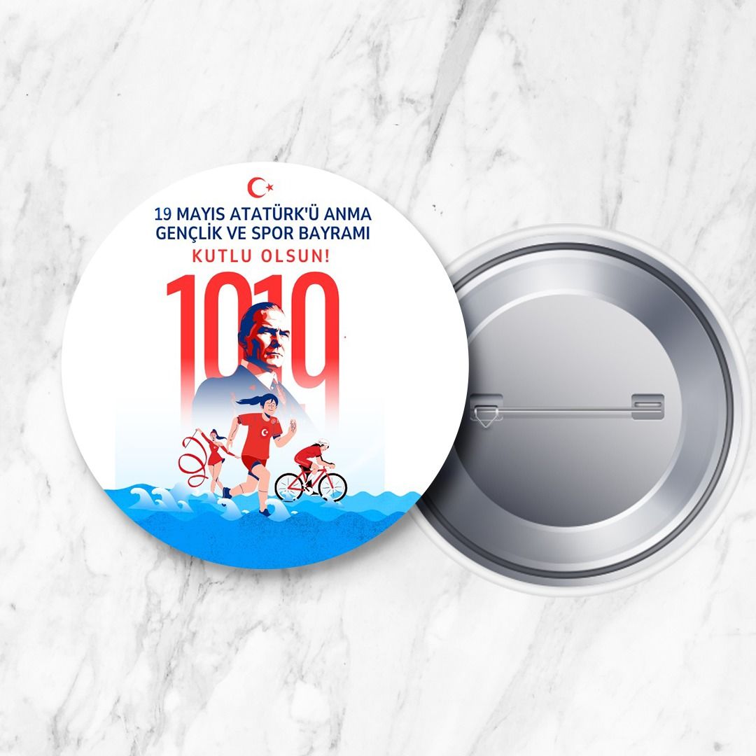 19 Mayıs Atatürk'ü Anma Gençlik ve Spor Bayramı İğneli Yaka Rozeti 58 mm (Model No: 07)