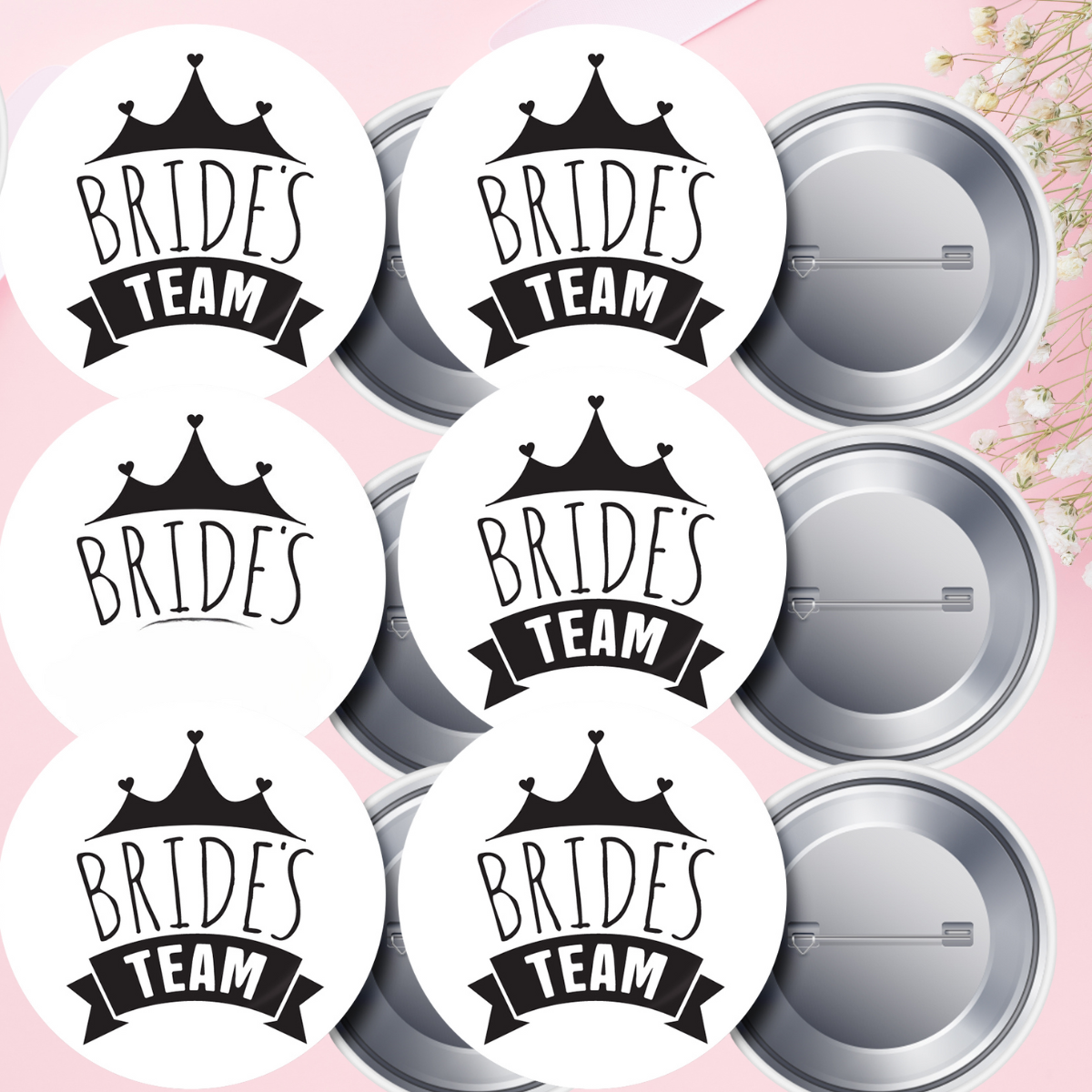 6 Adet Taç Detaylı Bride ve Team Bride Nedime İğneli Yaka Rozeti Takımı 58 mm (Model No: 06)
