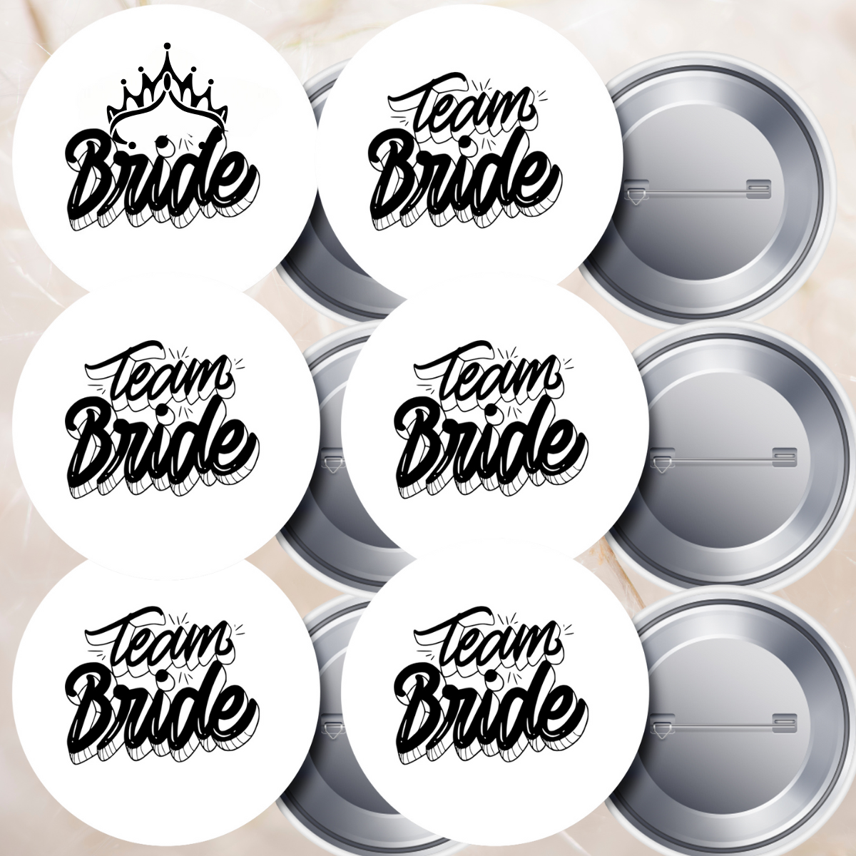 6 Adet Bride ve Team Bride Nedime İğneli Yaka Rozeti Takımı 58 mm (Model No: 08)