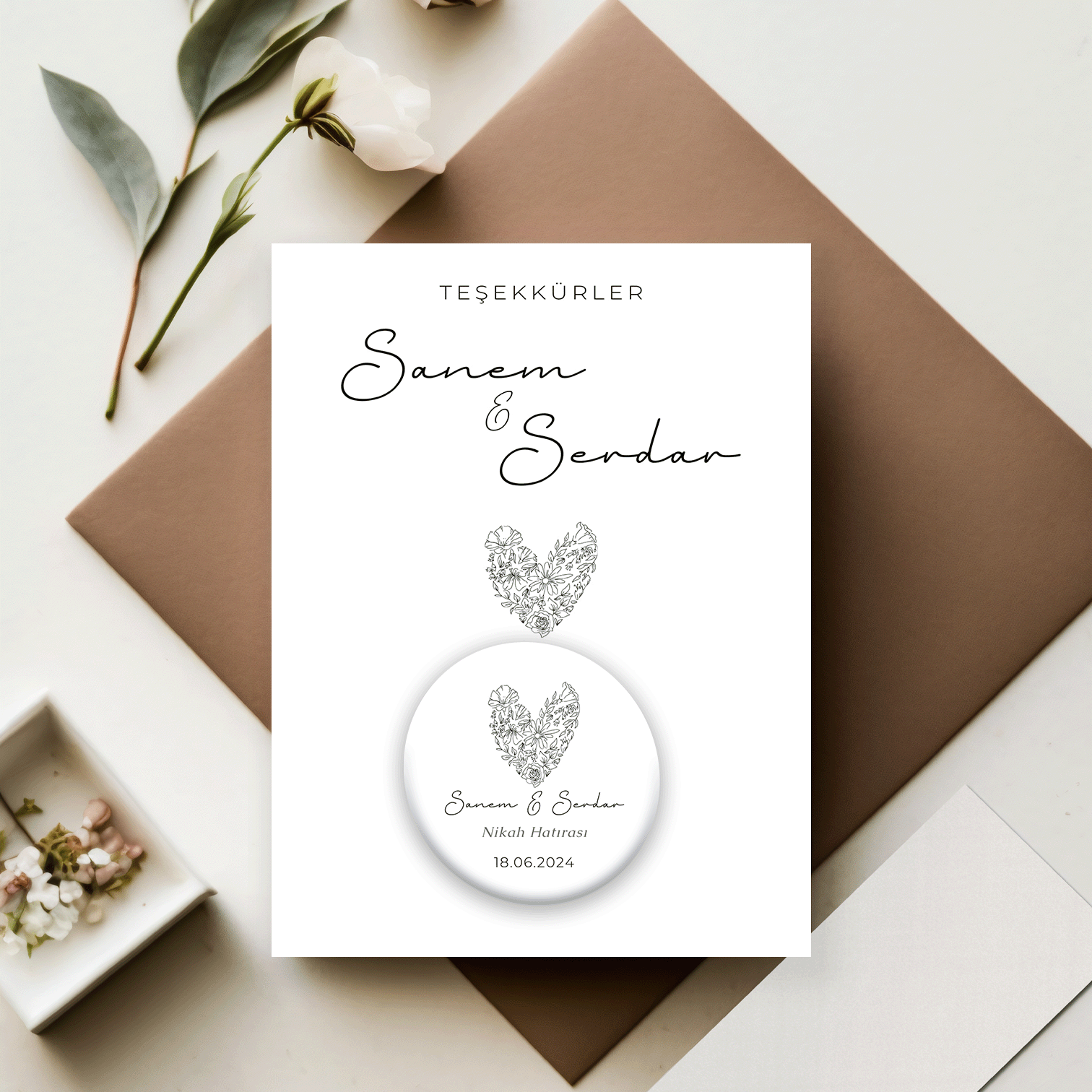 Çiçekten Kalp Detaylı Açacaklı Buzdolabı Magneti Düğün Hediyeliği (Model No: 12) Kartlı Jelatinli