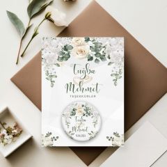 Beyaz Gül Detaylı Açacaklı Buzdolabı Magneti Düğün Hediyeliği (Model No: 13) Kartlı Jelatinli