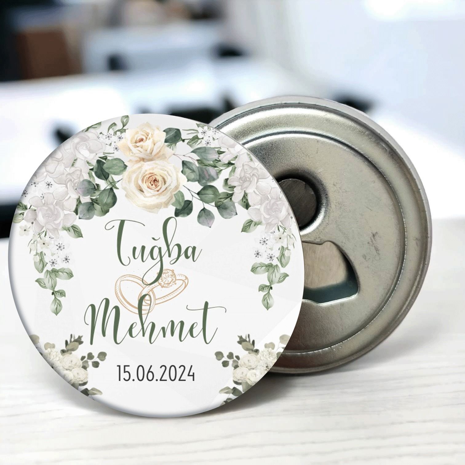 Beyaz Gül Detaylı Açacaklı Buzdolabı Magneti Düğün Hediyeliği (Model No: 13) Sadece Magnet (Jelatinli)