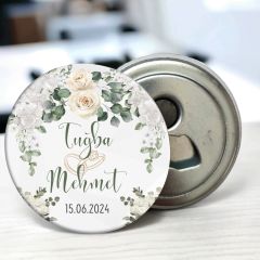 Beyaz Gül Detaylı Açacaklı Buzdolabı Magneti Düğün Hediyeliği (Model No: 13) Sadece Magnet (Jelatinli)