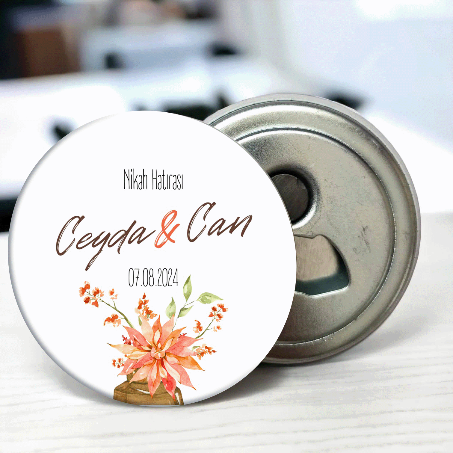 Alttan Çiçek Detaylı Açacaklı Buzdolabı Magneti Düğün Hediyeliği (Model No: 17) Sadece Magnet (Jelatinli)