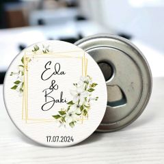 Köşeleri Çiçek Çerçeveli İsim Detaylı Açacaklı Buzdolabı Magneti Düğün Hediyeliği (Model No: 18) Sadece Magnet (Jelatinli)