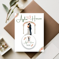 Köşeleri Çiçekli Gelin Damat Detaylı Açacaklı Buzdolabı Magneti Düğün Hediyeliği (Model No: 19) Kartlı Jelatinli