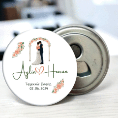 Köşeleri Çiçekli Gelin Damat Detaylı Açacaklı Buzdolabı Magneti Düğün Hediyeliği (Model No: 19) Sadece Magnet (Jelatinli)