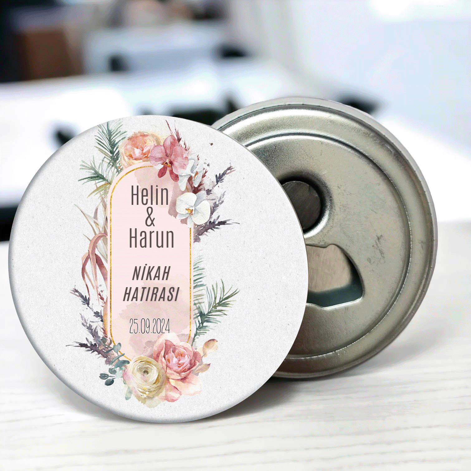 Orta Alan Çiçek Çerçeve Detaylı Açacaklı Buzdolabı Magneti Düğün Hediyeliği (Model No: 21) Sadece Magnet (Jelatinli)