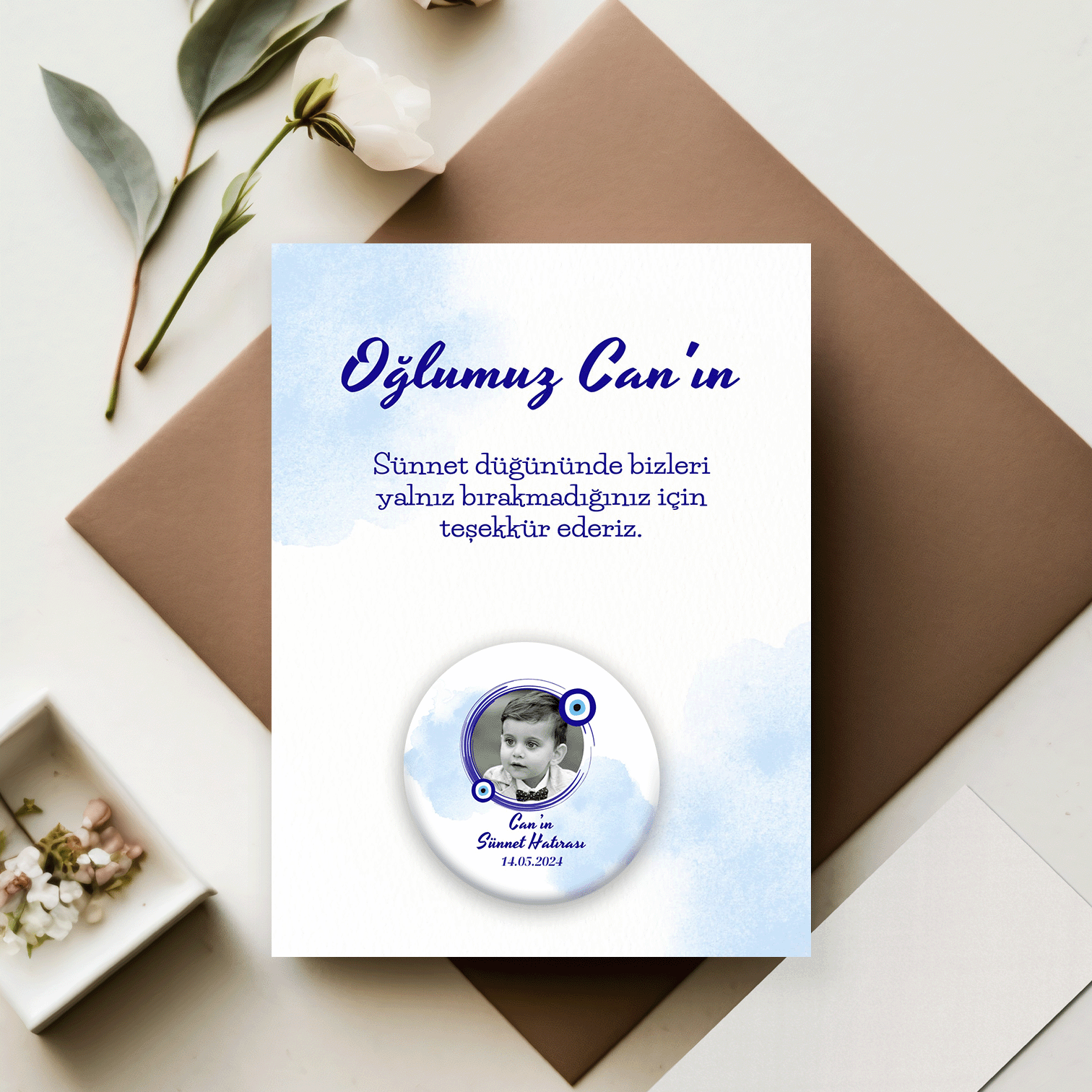 Fotoğraflı Nazar Boncuğu Detaylı Açacaklı Buzdolabı Magneti Sünnet Hediyeliği (Model No: 01) Kartlı Jelatinli