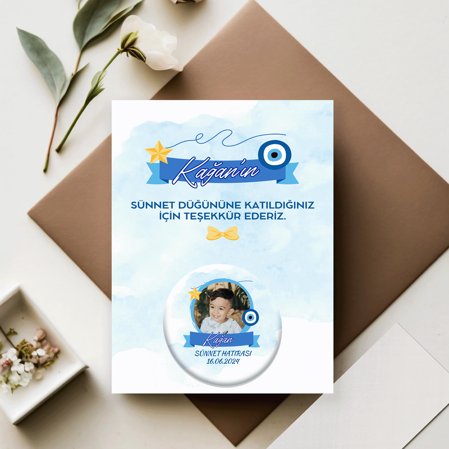 Fotoğraflı Yıldız ve Nazar Boncuğu Detaylı Açacaklı Buzdolabı Magneti Sünnet Hediyeliği (Model No: 06) Kartlı Jelatinli