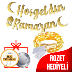 Hoşgeldin Ramazan Kaligrafik Uzar Yazı Oruç Tutuyorum Rozet Hediyeli 3 metre Pilli Gün Işığı Led Işık İstiyorum