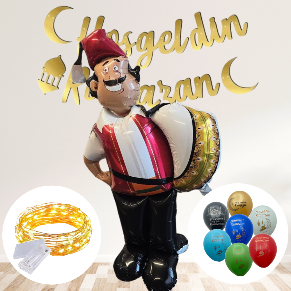 Ramazan Davulcusu Ayakta Durabilen Folyo Balon ve LED Işıklı Hoş Geldin Ramazan Kaligrafik Uzar Yazı ve Balon Süs