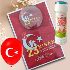 23 Nisan Hediyelik Kart Rozet Balon ve Köpük Baloncuk Set (Model No: 02)