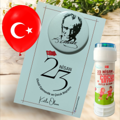 23 Nisan Hediyelik Kart Rozet Balon ve Köpük Baloncuk Set (Model No: 03)
