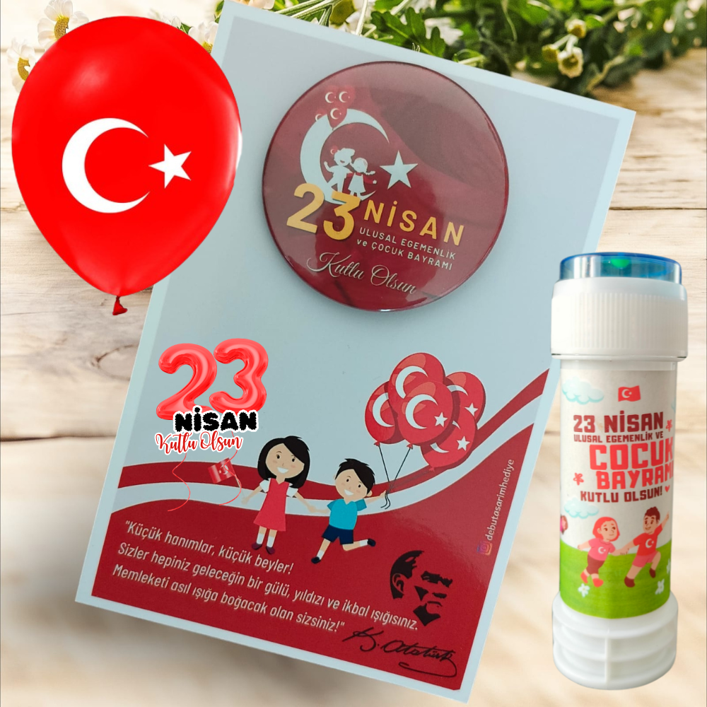 23 Nisan Hediyelik Kart Rozet Balon ve Köpük Baloncuk Set (Model No: 04)