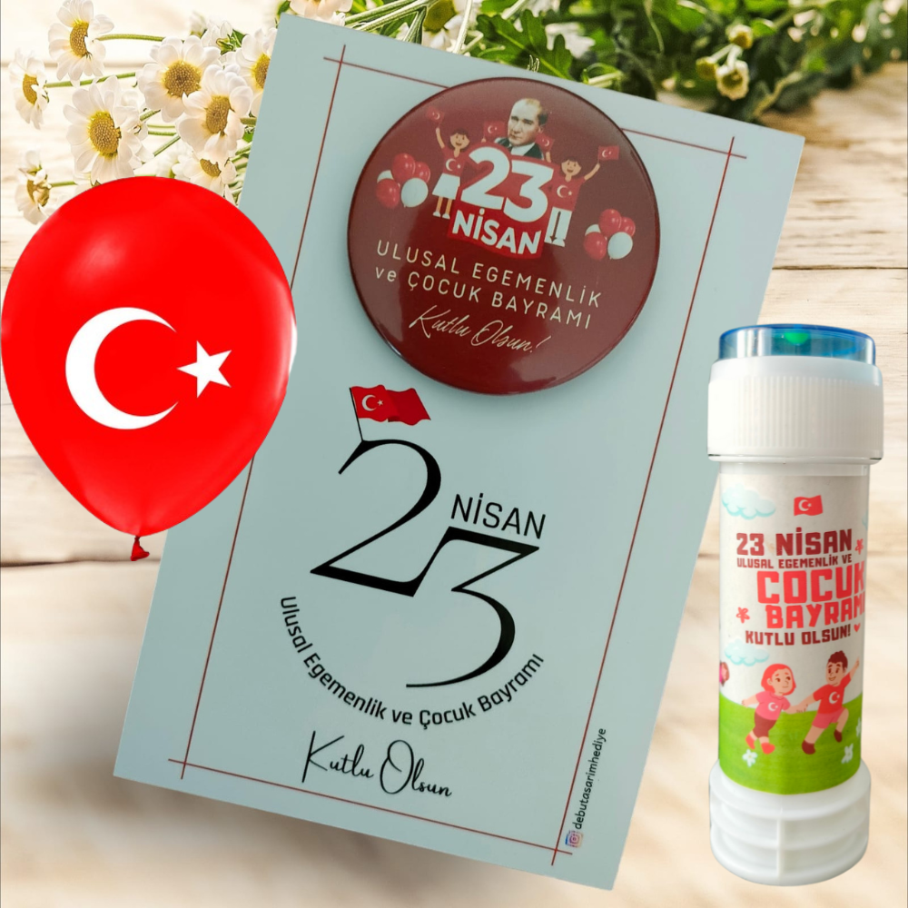 23 Nisan Hediyelik Kart Rozet Balon ve Köpük Baloncuk Set (Model No: 05)