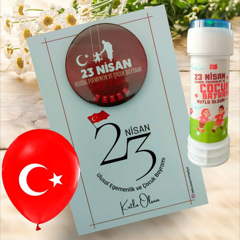 23 Nisan Hediyelik Kart Rozet Balon ve Köpük Baloncuk Set (Model No: 07)
