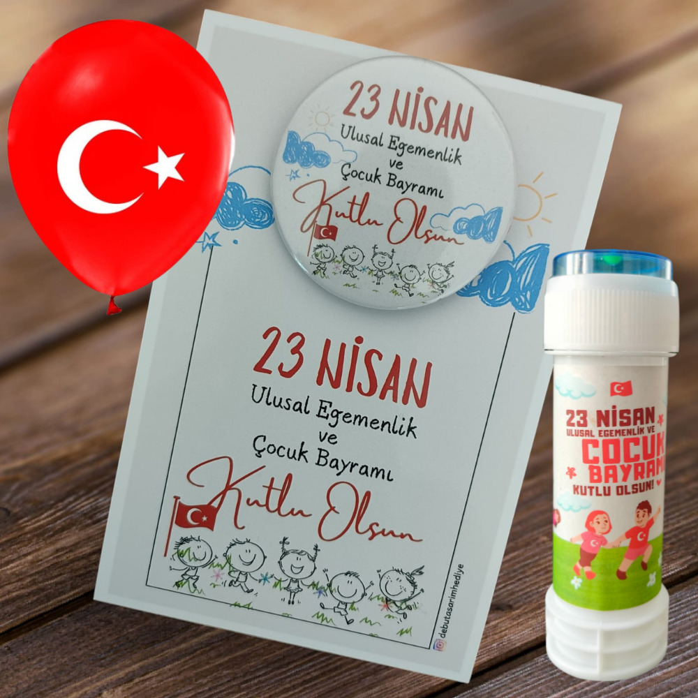 23 Nisan Hediyelik Kart Rozet Balon ve Köpük Baloncuk Set (Model No: 08)