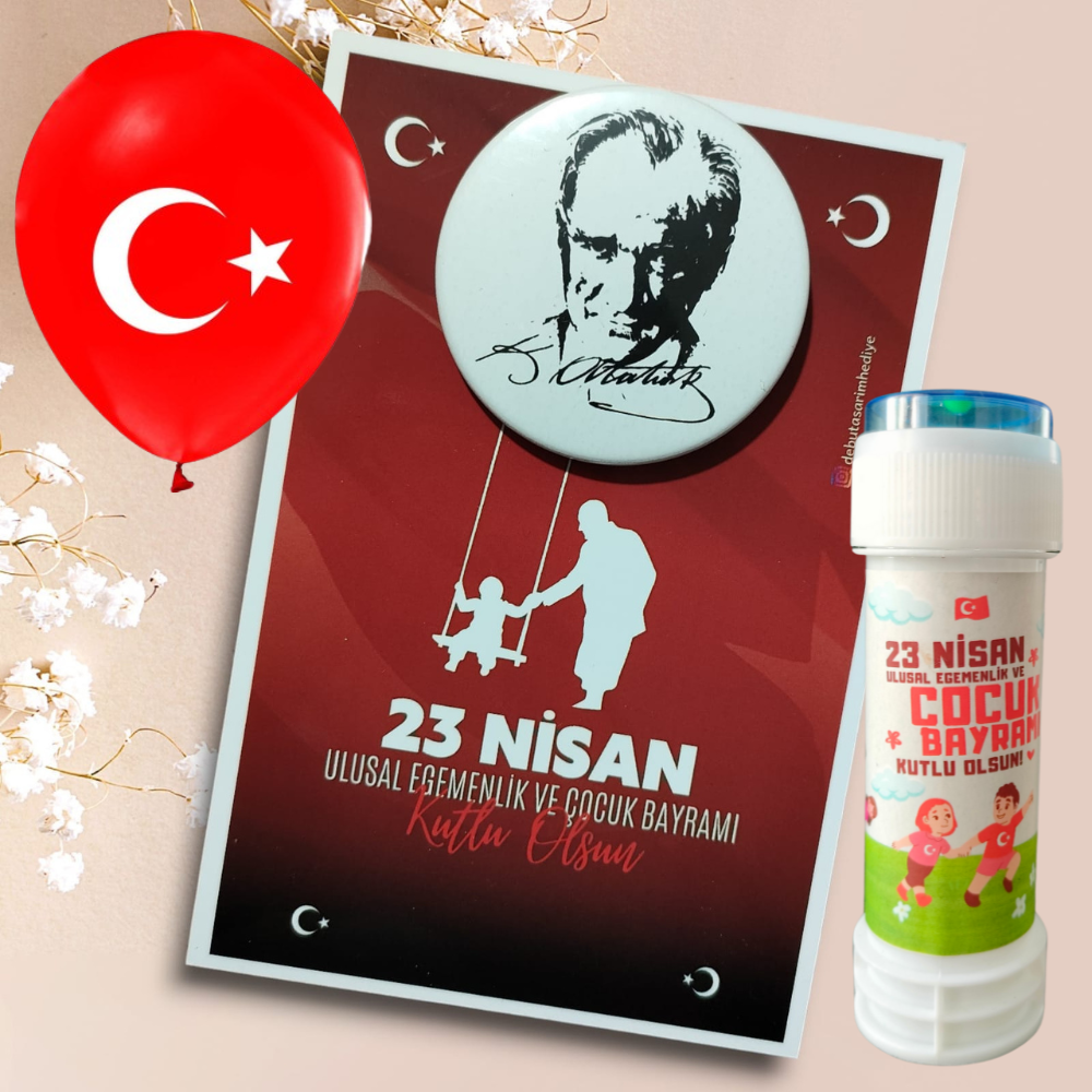 23 Nisan Hediyelik Kart Rozet Balon ve Köpük Baloncuk Set (Model No: 09)