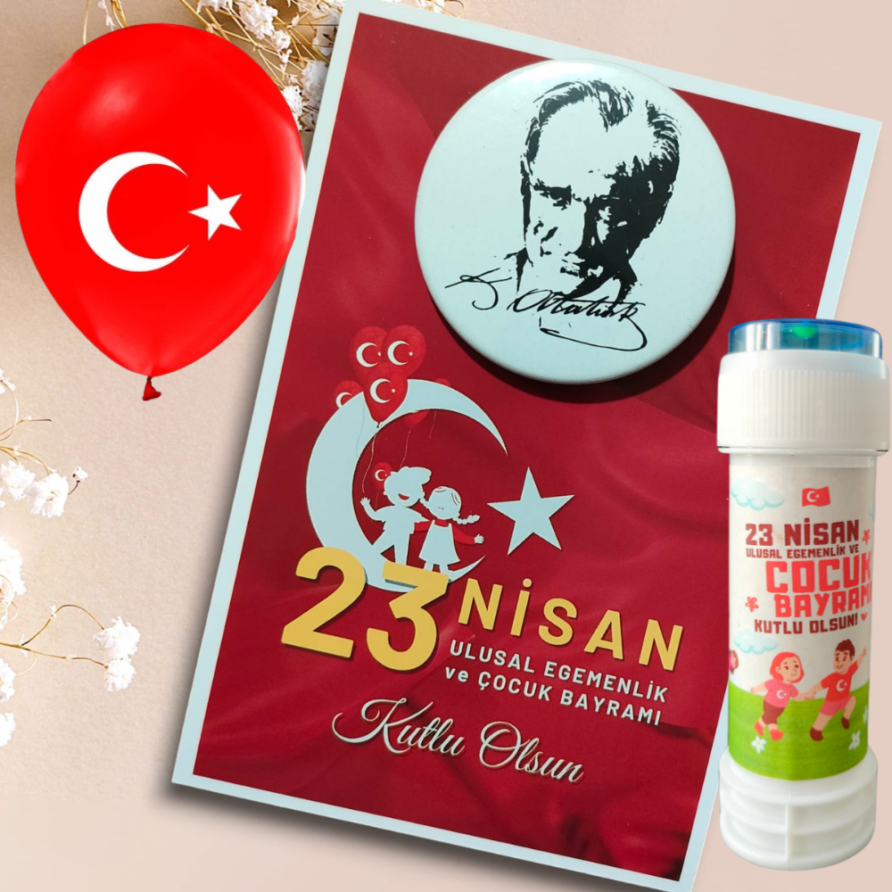 23 Nisan Hediyelik Kart Rozet Balon ve Köpük Baloncuk Set (Model No: 10)
