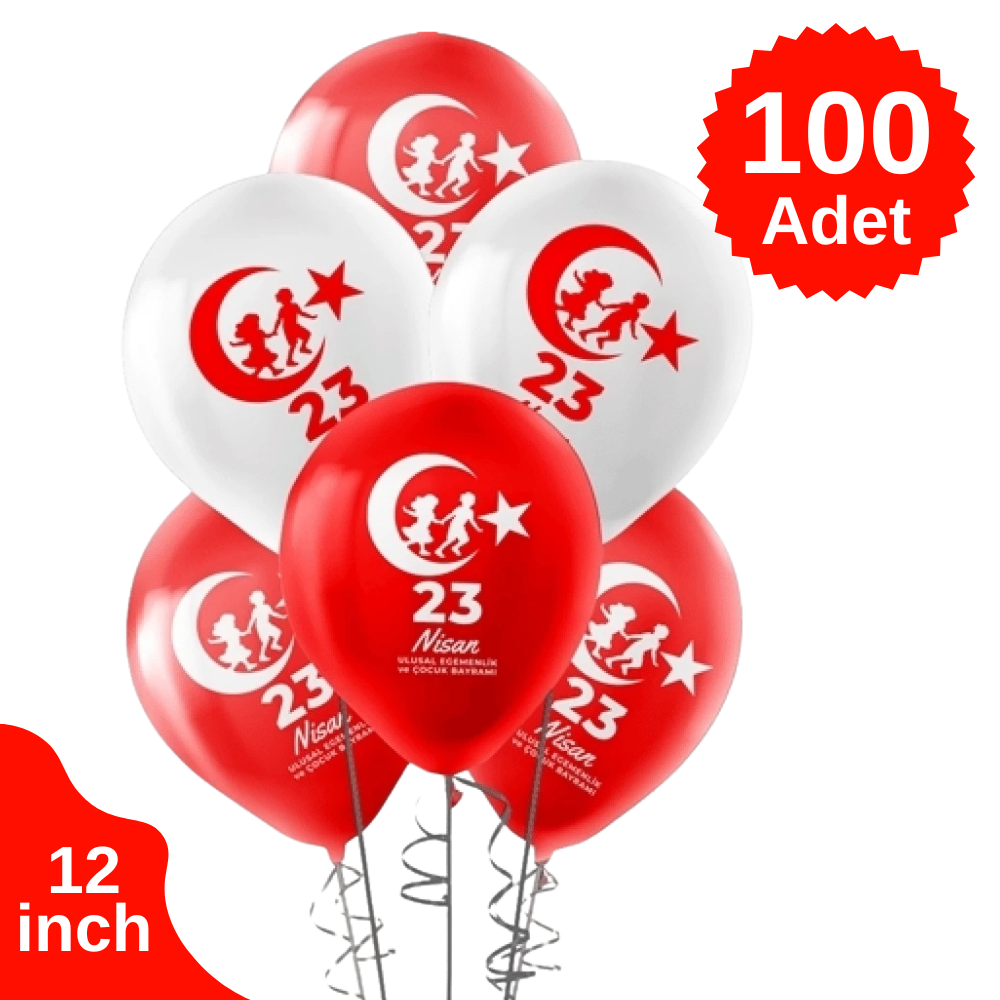 100 Adet 23 Nisan Baskılı Balon 30 cm Balon Bandı ve Balon Zinciri Hediyeli