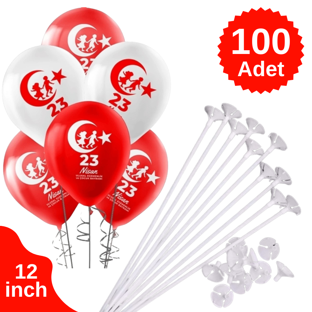 100 Adet 23 Nisan Baskılı Balon 30 cm ve 100 Adet Balon Çubuğu