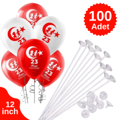100 Adet 23 Nisan Baskılı Balon 30 cm ve 100 Adet Balon Çubuğu